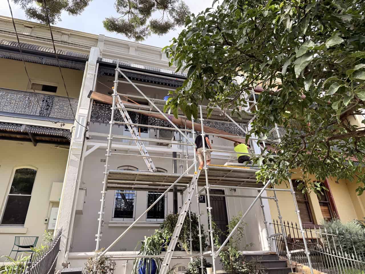 Scaffold / beam installation: Terrace beam replacement Sydney with new hardwood structural beam installation